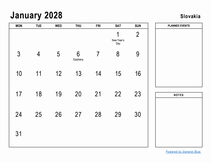 January 2028 Printable Monthly Calendar with Slovakia Holidays