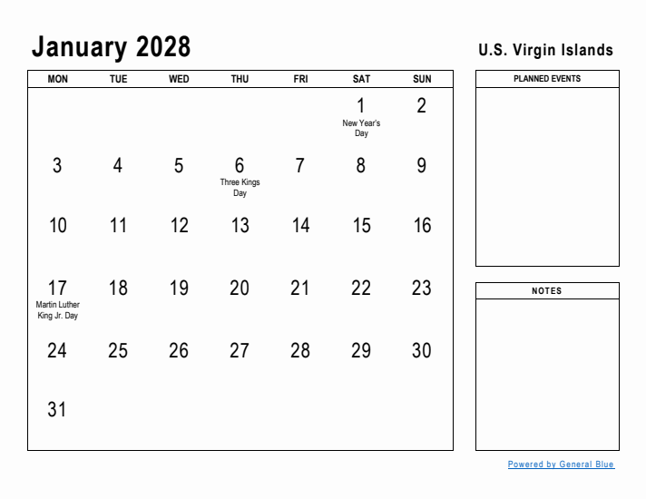 January 2028 Printable Monthly Calendar with U.S. Virgin Islands Holidays