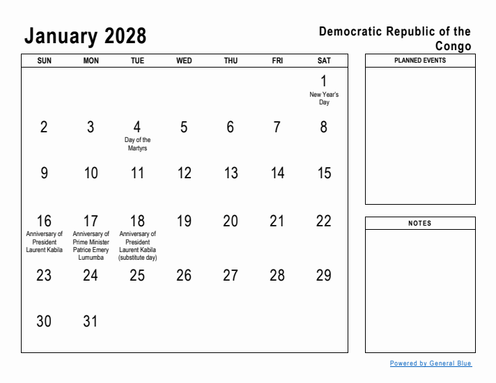January 2028 Printable Monthly Calendar with Democratic Republic of the Congo Holidays