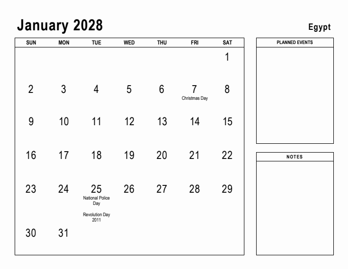 January 2028 Printable Monthly Calendar with Egypt Holidays