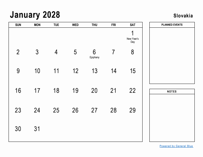 January 2028 Printable Monthly Calendar with Slovakia Holidays