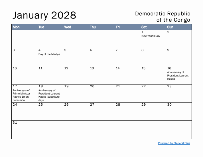 January 2028 Simple Monthly Calendar for Democratic Republic of the Congo