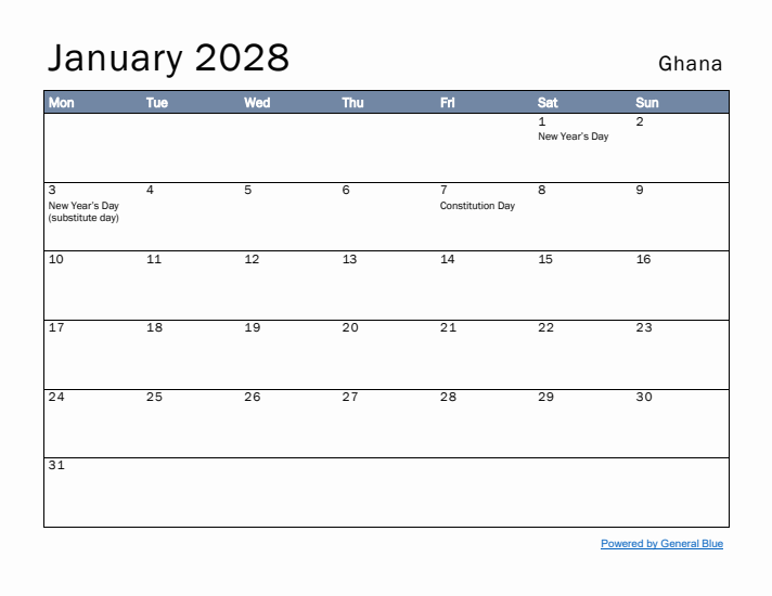 January 2028 Simple Monthly Calendar for Ghana