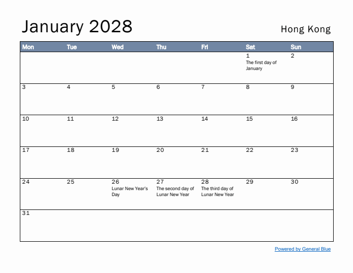 January 2028 Simple Monthly Calendar for Hong Kong