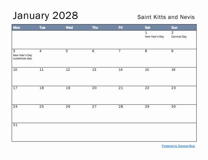 January 2028 Simple Monthly Calendar for Saint Kitts and Nevis