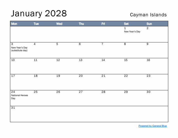 January 2028 Simple Monthly Calendar for Cayman Islands