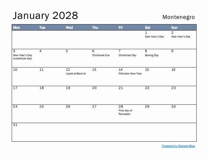 January 2028 Simple Monthly Calendar for Montenegro