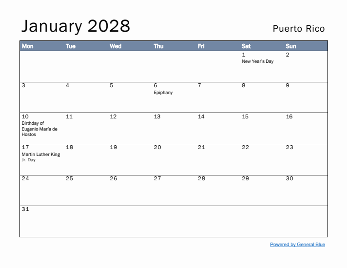 January 2028 Simple Monthly Calendar for Puerto Rico