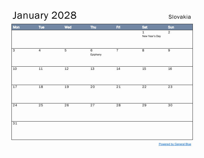 January 2028 Simple Monthly Calendar for Slovakia
