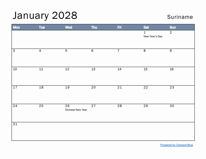 January 2028 Simple Monthly Calendar for Suriname