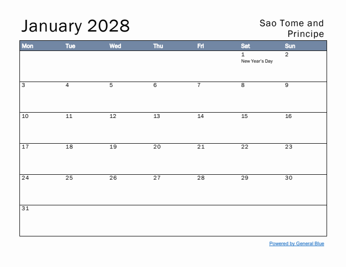 January 2028 Simple Monthly Calendar for Sao Tome and Principe