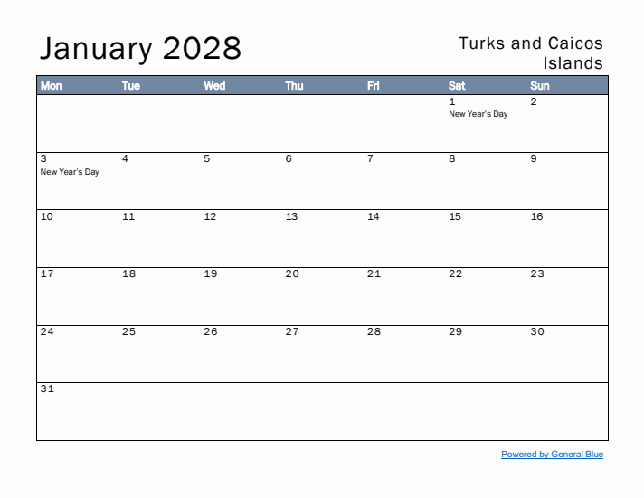 January 2028 Simple Monthly Calendar for Turks and Caicos Islands