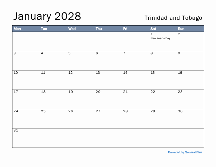 January 2028 Simple Monthly Calendar for Trinidad and Tobago