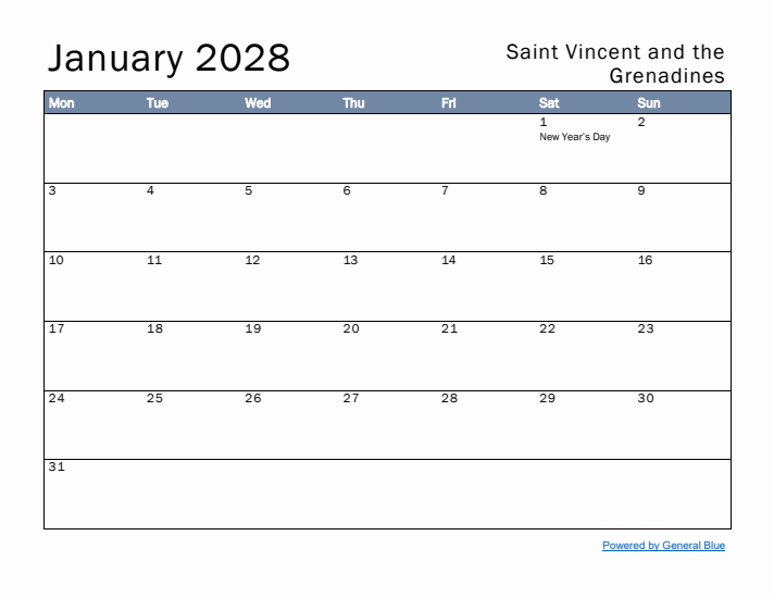 January 2028 Simple Monthly Calendar for Saint Vincent and the Grenadines