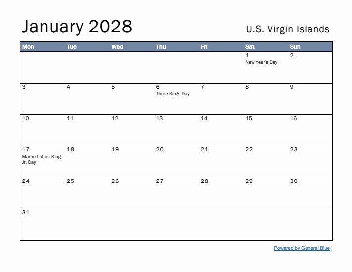 January 2028 Simple Monthly Calendar for U.S. Virgin Islands