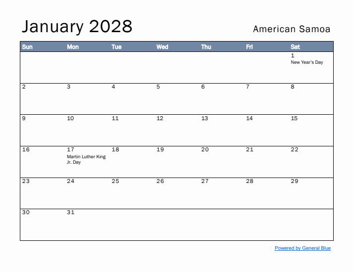 January 2028 Simple Monthly Calendar for American Samoa