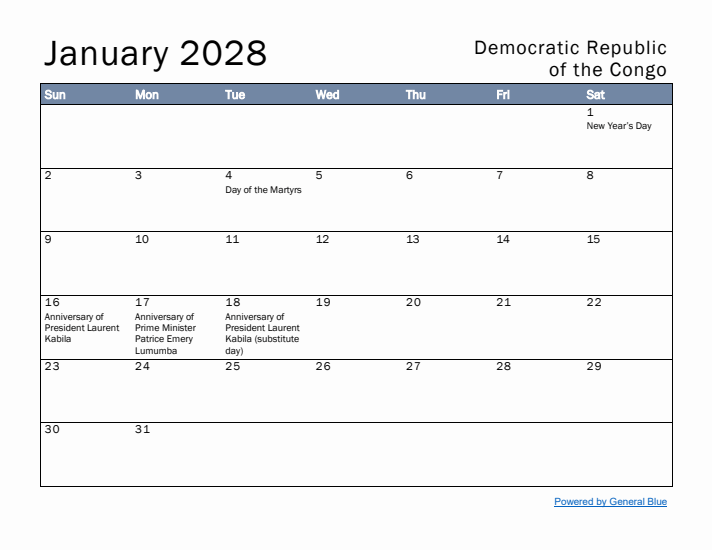 January 2028 Simple Monthly Calendar for Democratic Republic of the Congo
