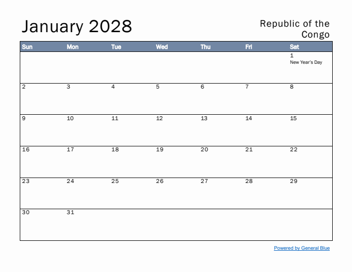 January 2028 Simple Monthly Calendar for Republic of the Congo