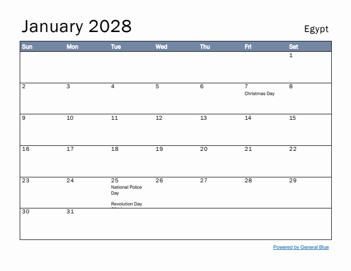 January 2028 Simple Monthly Calendar for Egypt