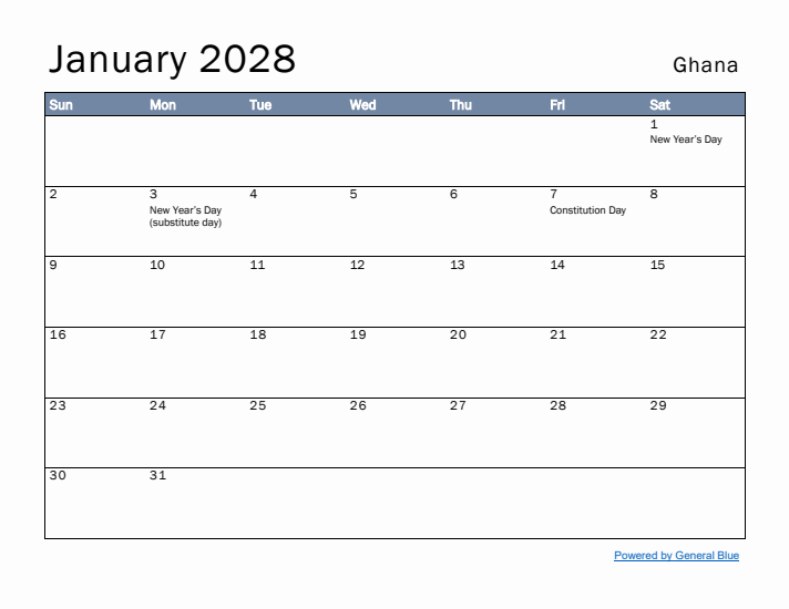 January 2028 Simple Monthly Calendar for Ghana