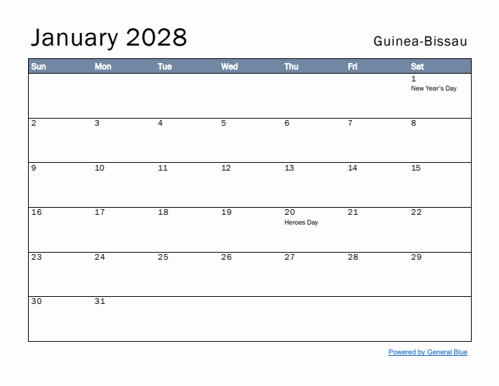 January 2028 Simple Monthly Calendar for Guinea-Bissau