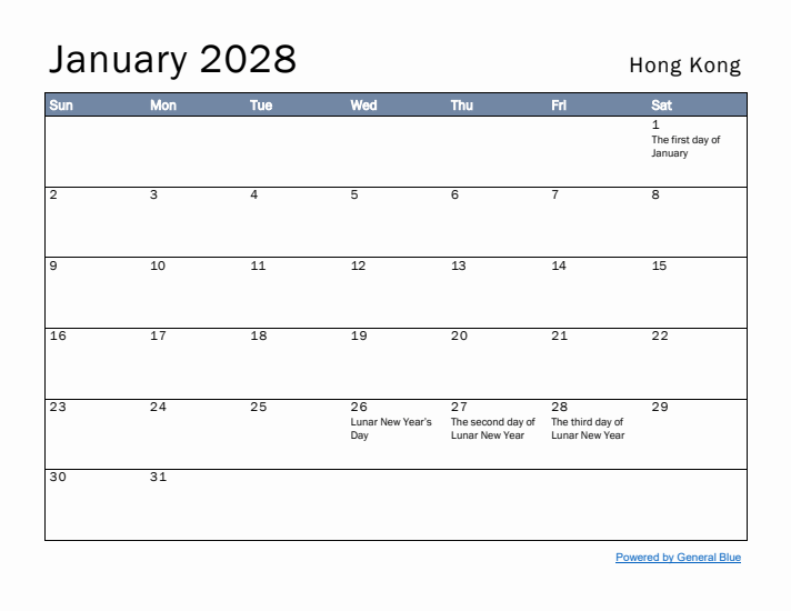 January 2028 Simple Monthly Calendar for Hong Kong