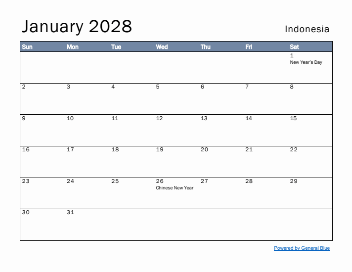 January 2028 Simple Monthly Calendar for Indonesia