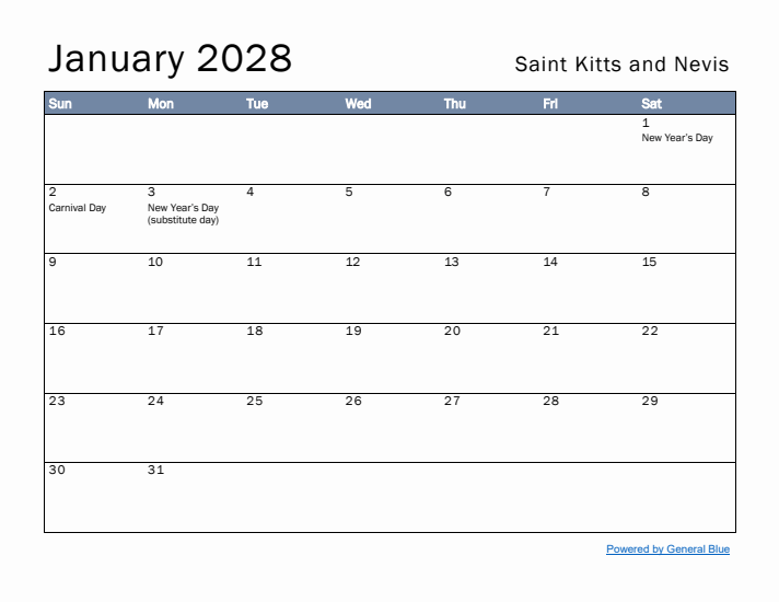 January 2028 Simple Monthly Calendar for Saint Kitts and Nevis