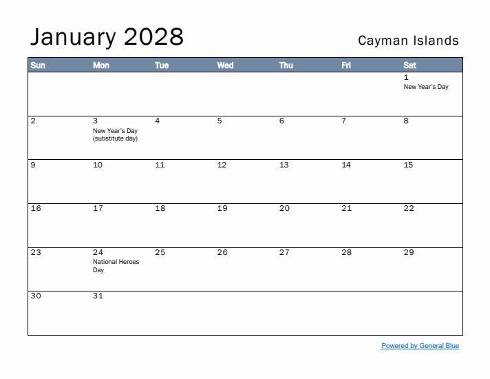 January 2028 Simple Monthly Calendar for Cayman Islands