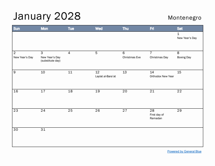January 2028 Simple Monthly Calendar for Montenegro