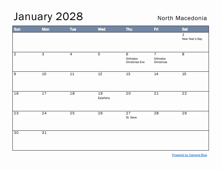 January 2028 Simple Monthly Calendar for North Macedonia