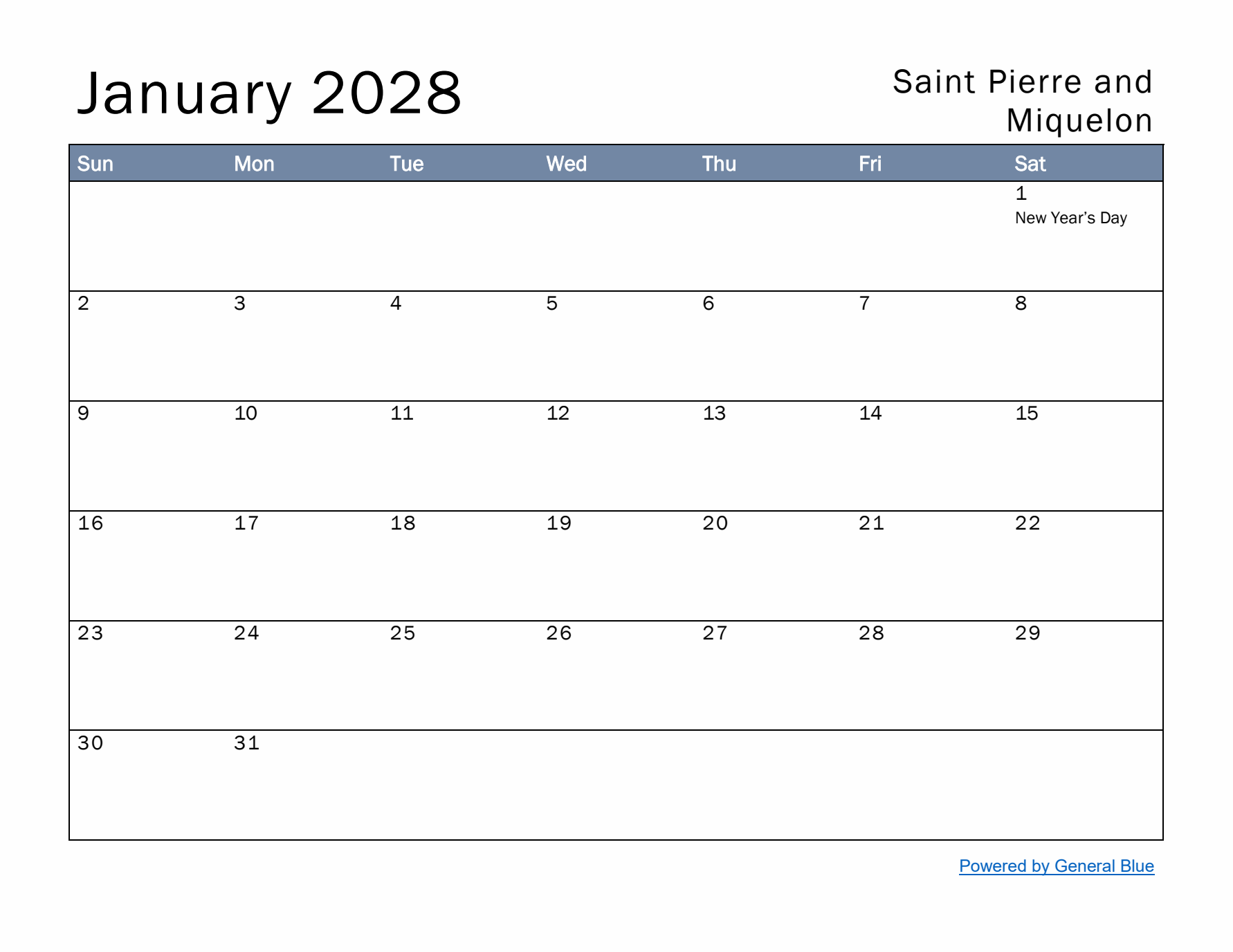 January 2028 Simple Monthly Calendar for Saint Pierre and Miquelon