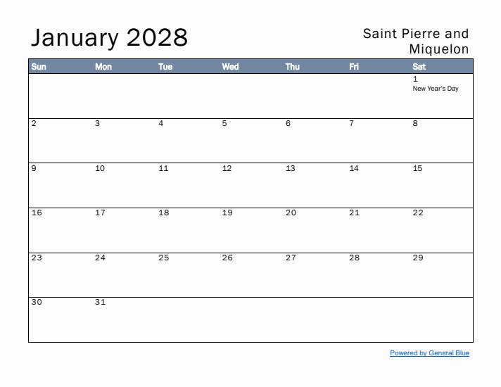 January 2028 Simple Monthly Calendar for Saint Pierre and Miquelon