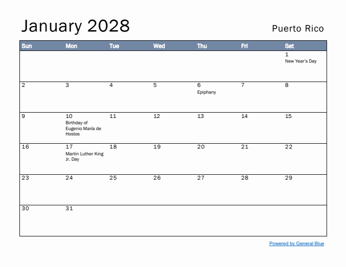 January 2028 Simple Monthly Calendar for Puerto Rico