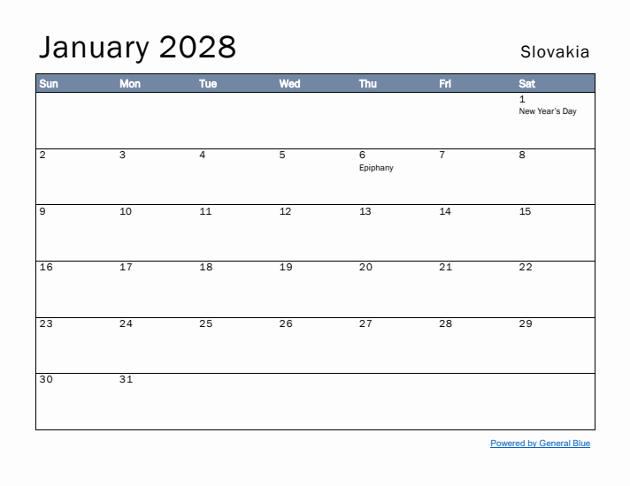 January 2028 Simple Monthly Calendar for Slovakia