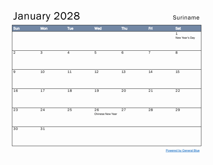 January 2028 Simple Monthly Calendar for Suriname