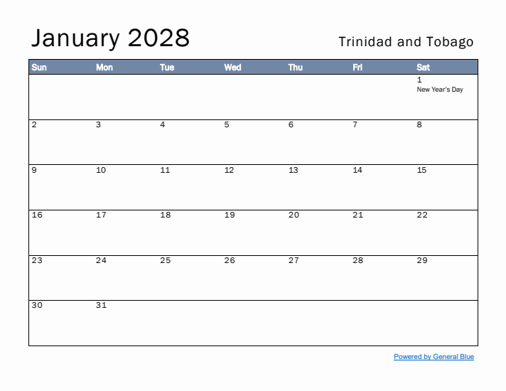 January 2028 Simple Monthly Calendar for Trinidad and Tobago