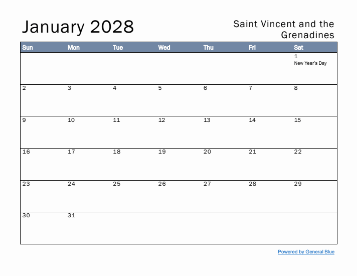 January 2028 Simple Monthly Calendar for Saint Vincent and the Grenadines