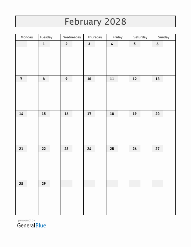 Blank February 2028 Calendar