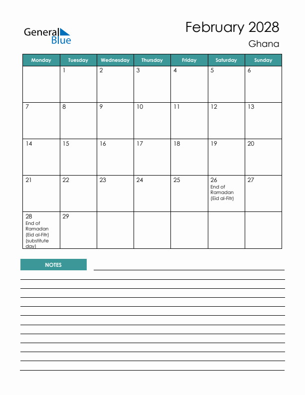 Calendar with Notes Printable - Monday Start