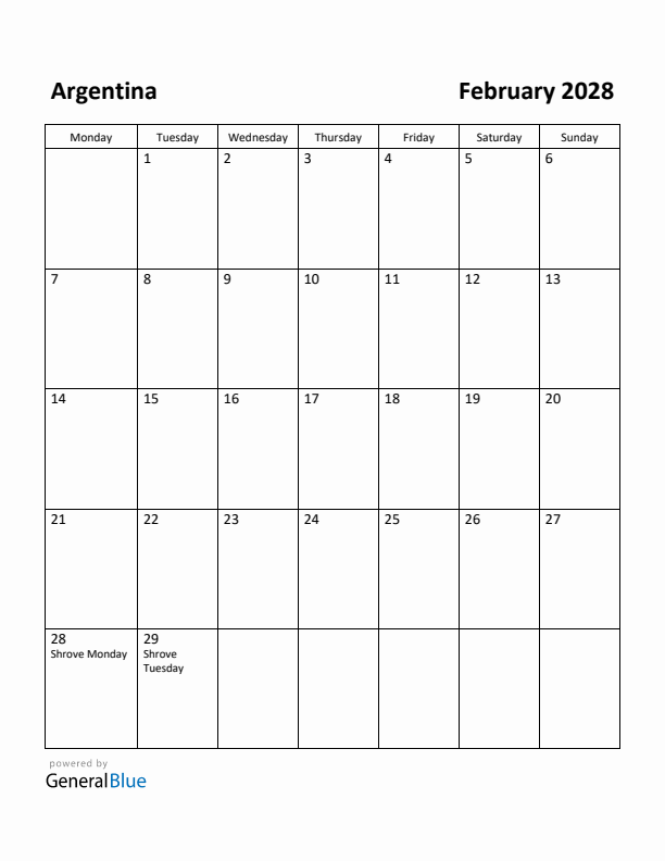 February 2028 Calendar with Argentina Holidays