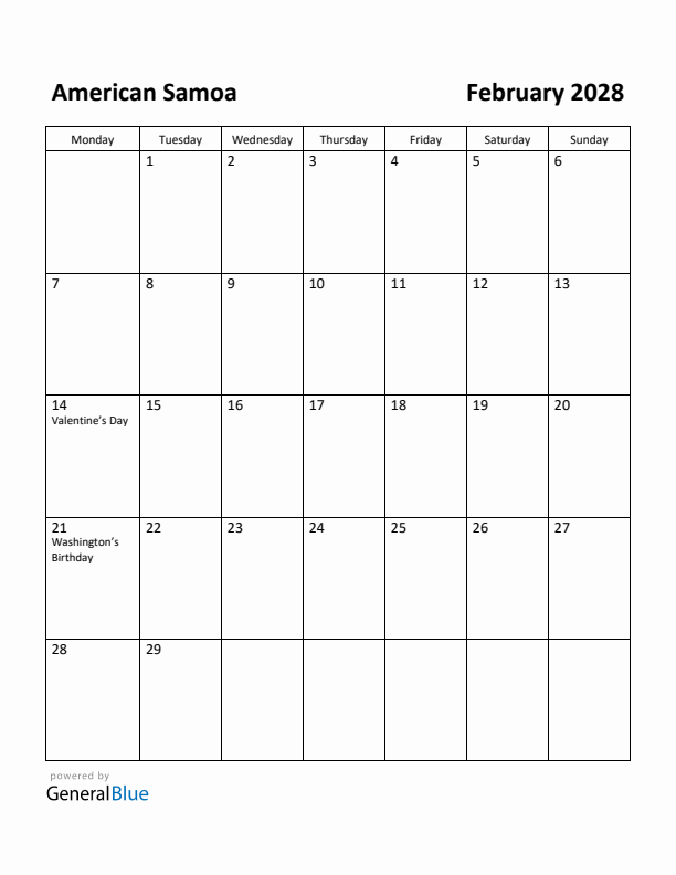 February 2028 Calendar with American Samoa Holidays