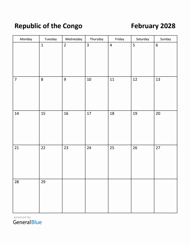 February 2028 Calendar with Republic of the Congo Holidays