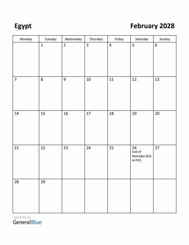 February 2028 Calendar with Egypt Holidays
