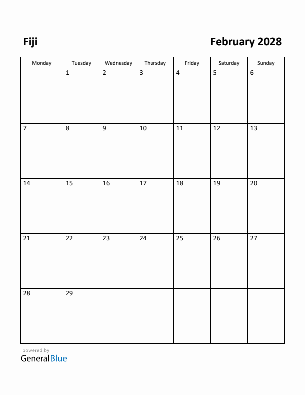 February 2028 Calendar with Fiji Holidays