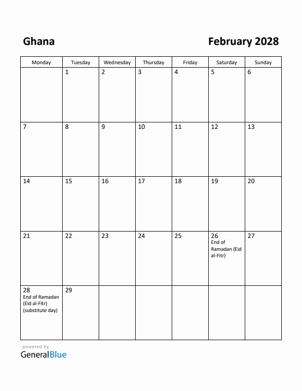 February 2028 Calendar with Ghana Holidays