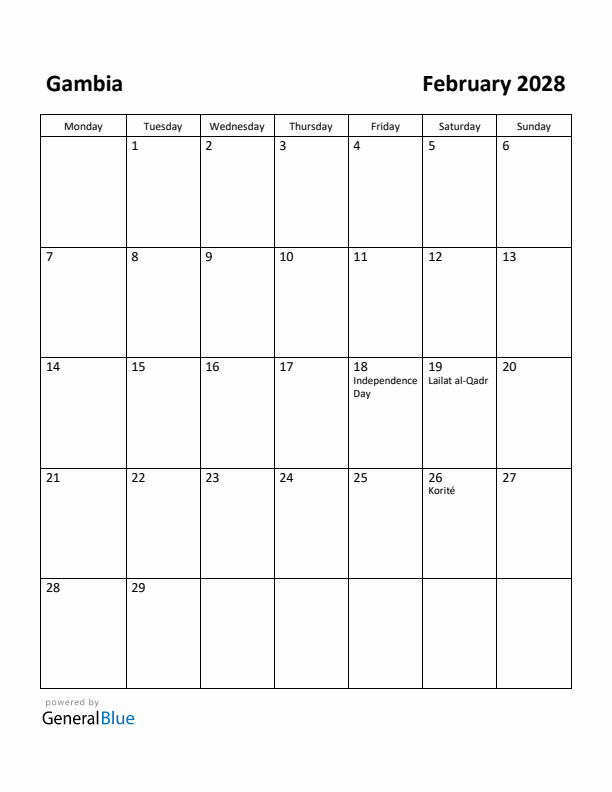 February 2028 Calendar with Gambia Holidays
