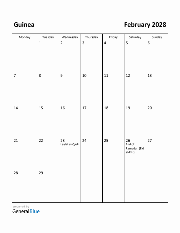 February 2028 Calendar with Guinea Holidays