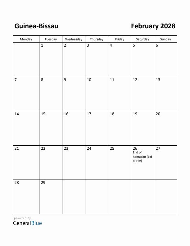 February 2028 Calendar with Guinea-Bissau Holidays