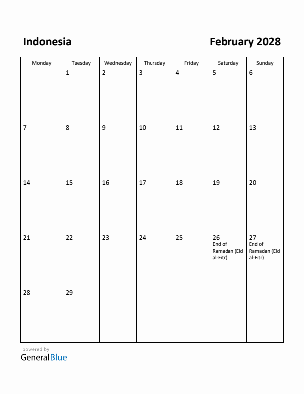 February 2028 Calendar with Indonesia Holidays
